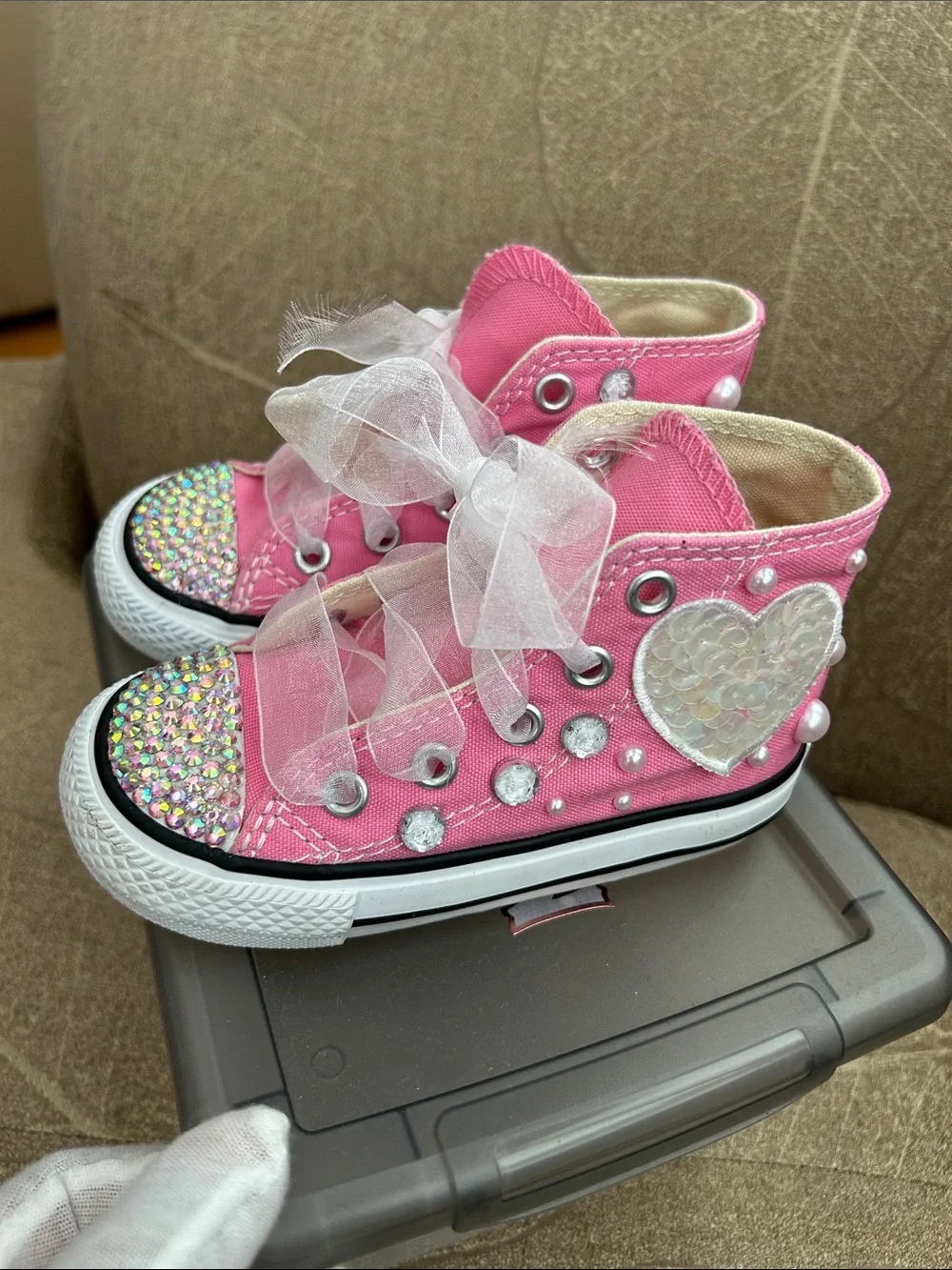 Converse Kids Pink High-Top Sneakers with Rhinestone Toe & Pearl Accents